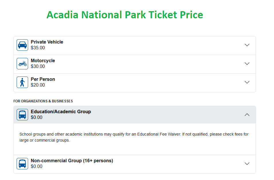 Acadia National Park Ticket Price