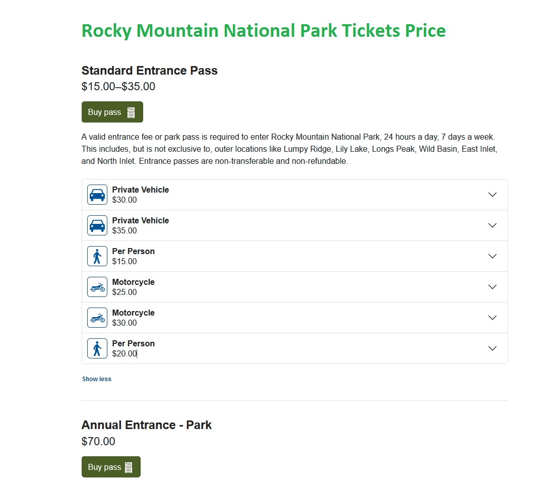 Rocky Mountain National Park Tickets Price