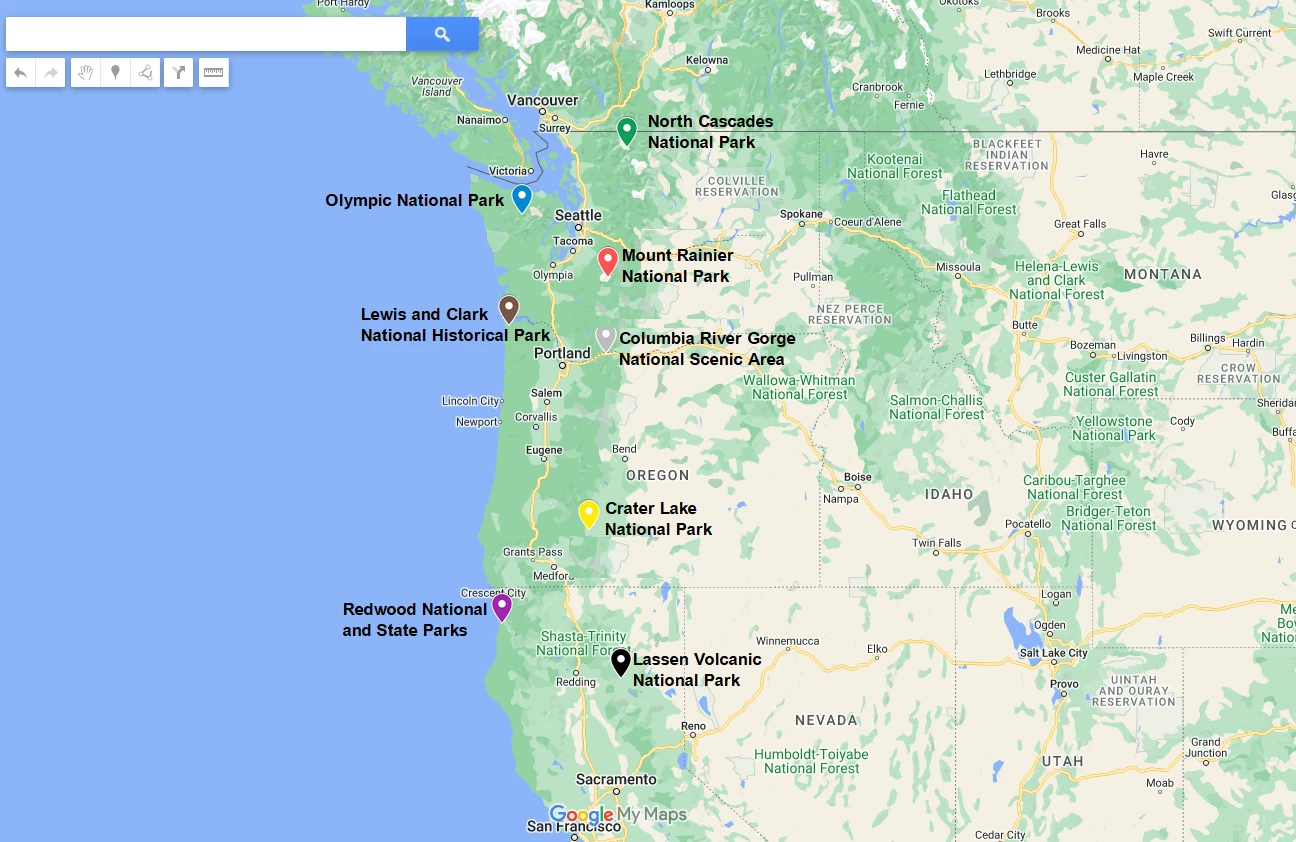 List of national parks in Pacific Northwest and Map