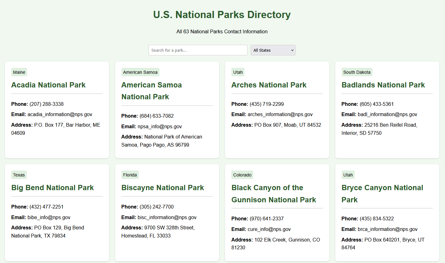 U.S. National Parks Directory